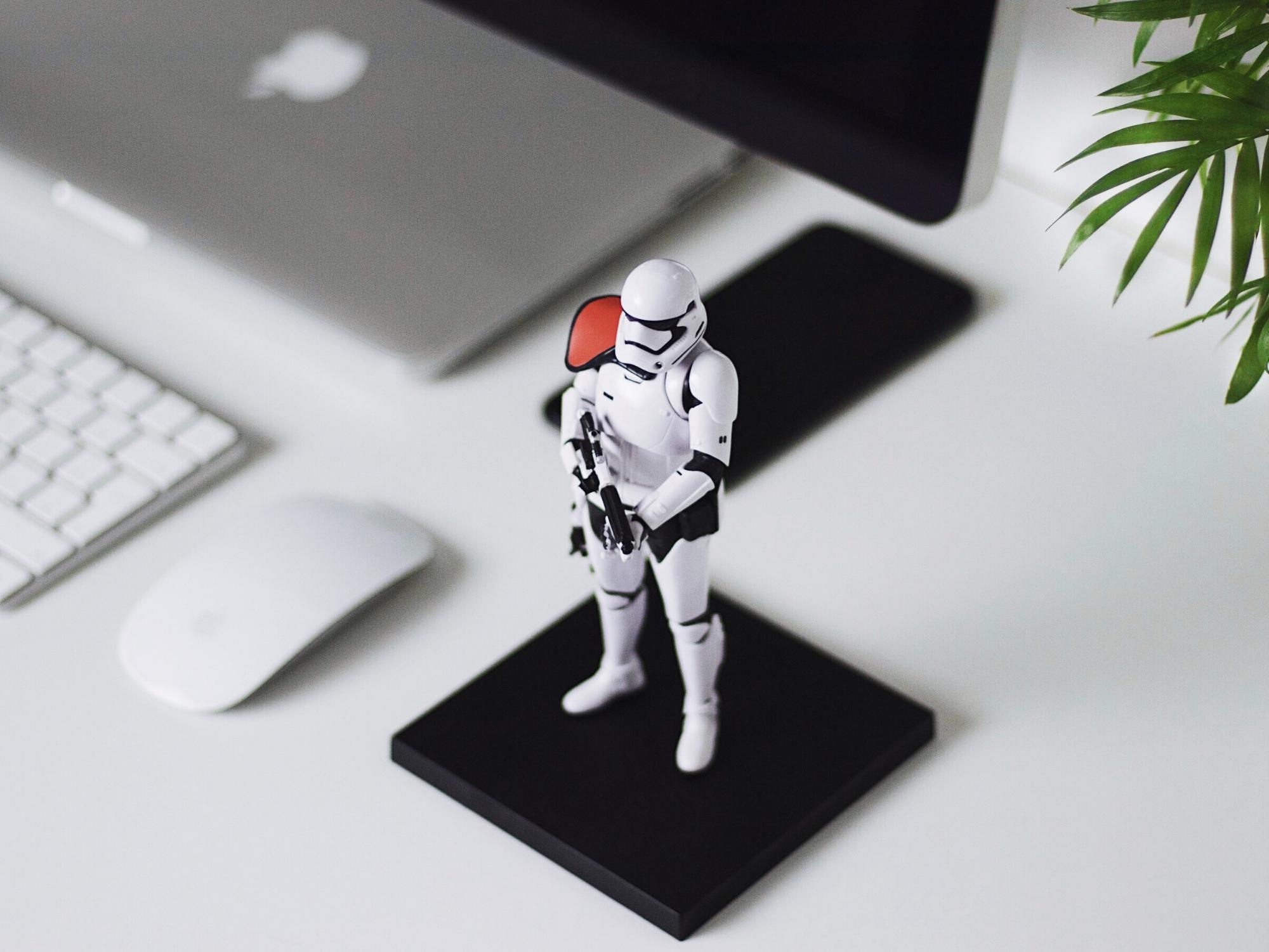 We love toys and all things geeky! The idea that this stormtrooper would guard our desk when away was something we wanted to try and capture. Also the white armour fits perfectly with the minimal aesthetic of our tech. by Liam Tucker